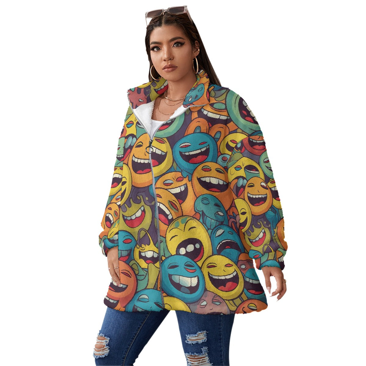 All-Over Print Unisex Borg Fleece Stand-up Collar Coat With Zipper Closure(Plus Size)
