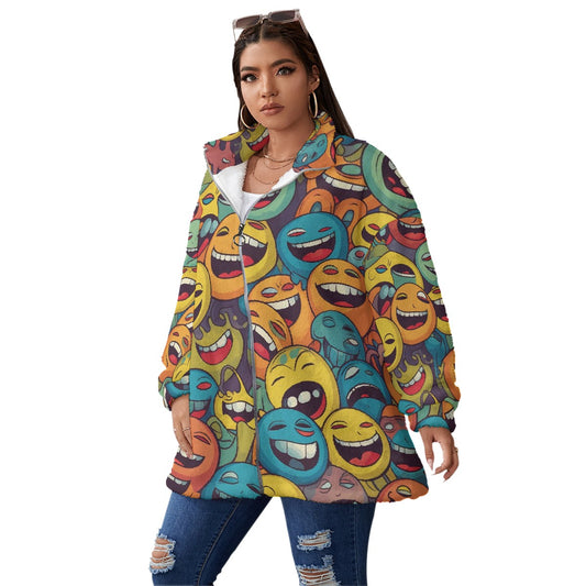 All-Over Print Unisex Borg Fleece Stand-up Collar Coat With Zipper Closure(Plus Size)