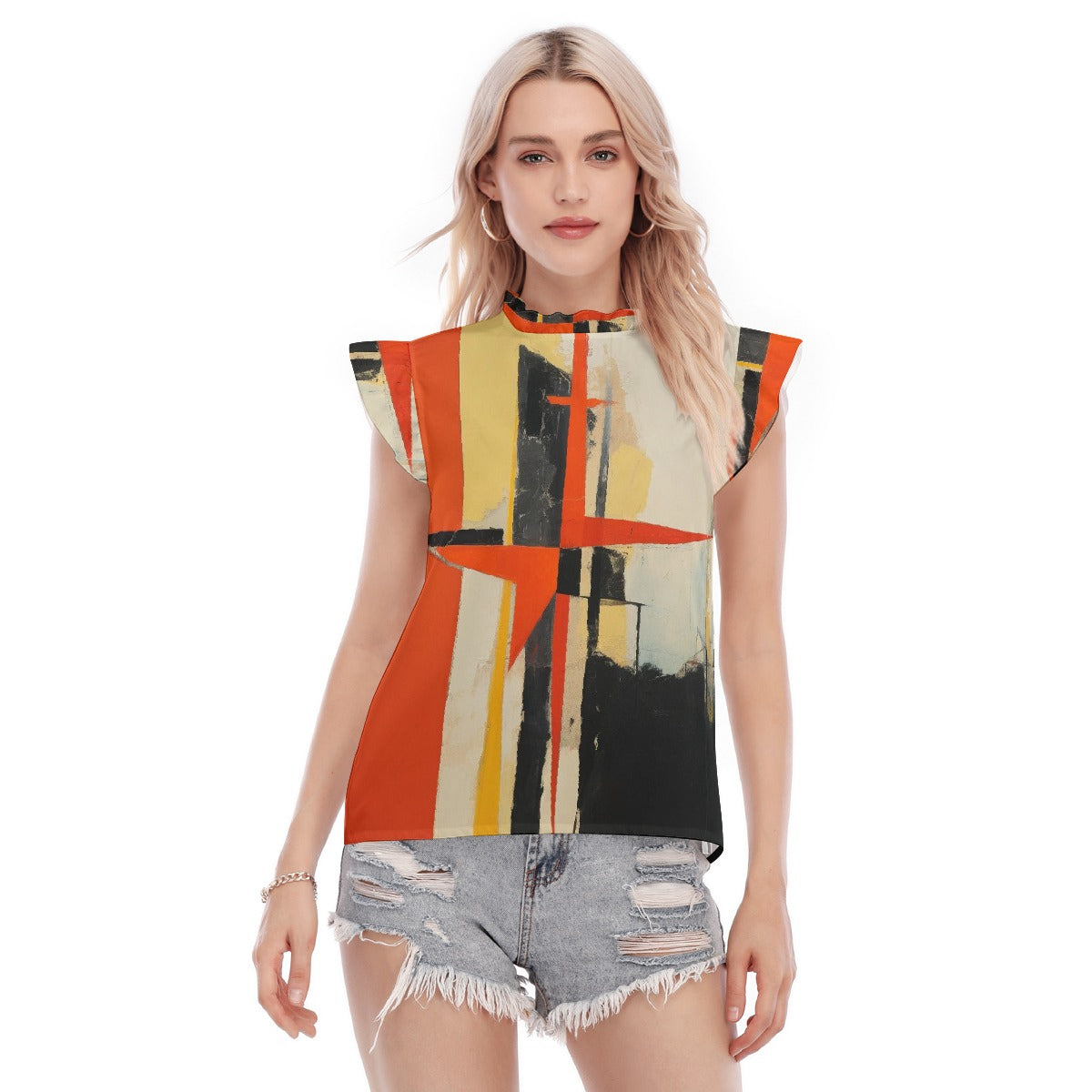 All-Over Print Women's Blouse With Ruffle Collar And Sleeve