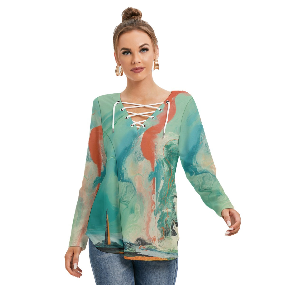All-Over Print Women's Long Sleeve Neckline Tie Sweatshirt