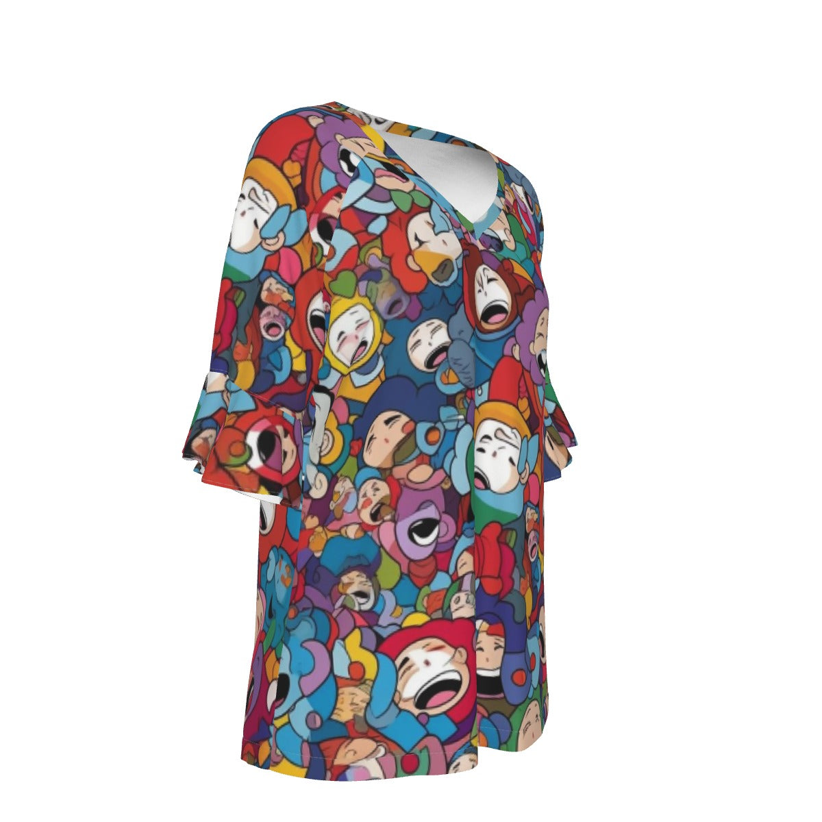 All-Over Print V-neck Women's T-shirt With Bell Sleeve