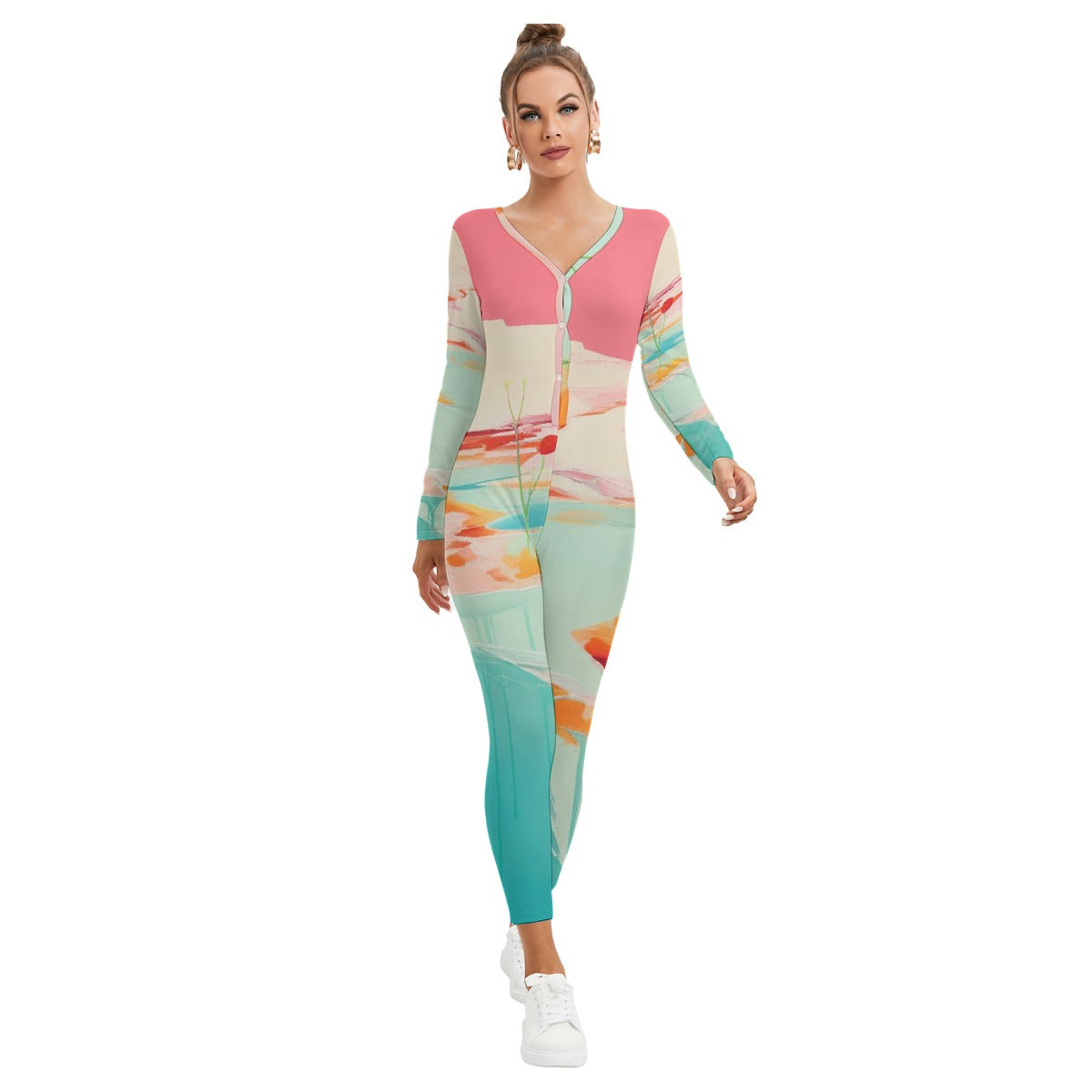 All-Over Print Women's Plunging Neck Jumpsuit