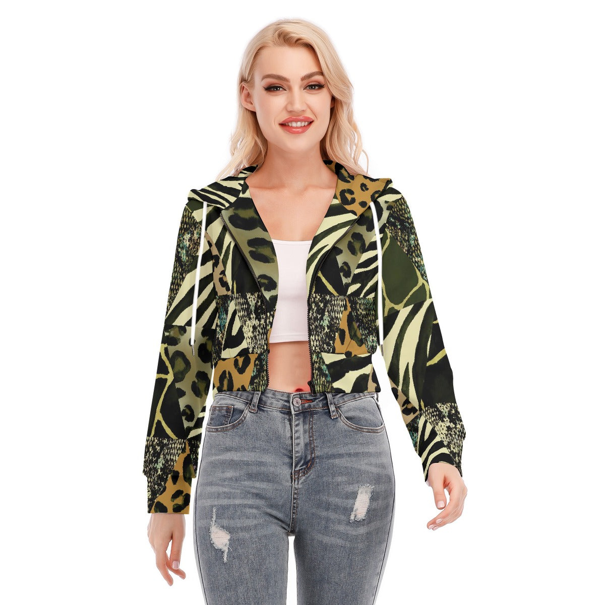 All-Over Print Women's Crop Top Hoodie With Zipper Closure