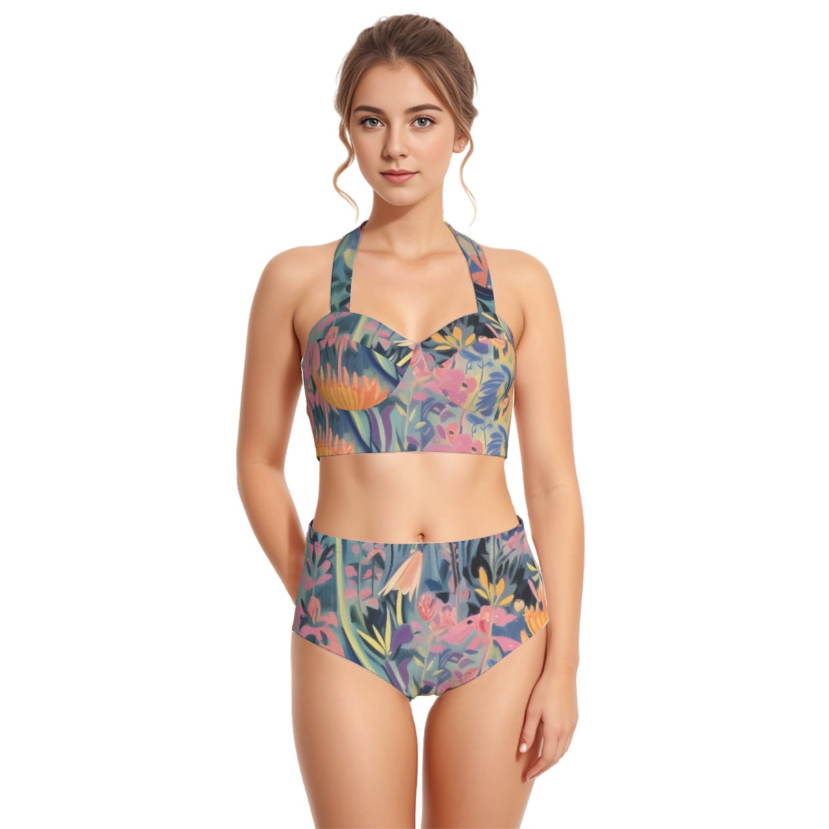 All-Over Print Women's Swimsuit Set With Halter