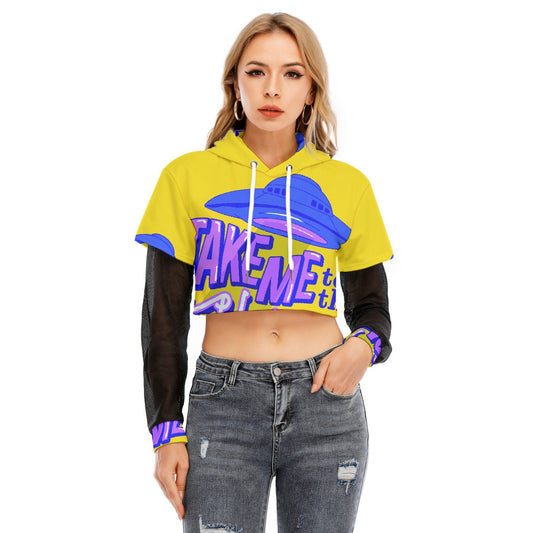 All-Over Print Women's Fake Two-piece Mesh Sleeve Cropped Hoodie