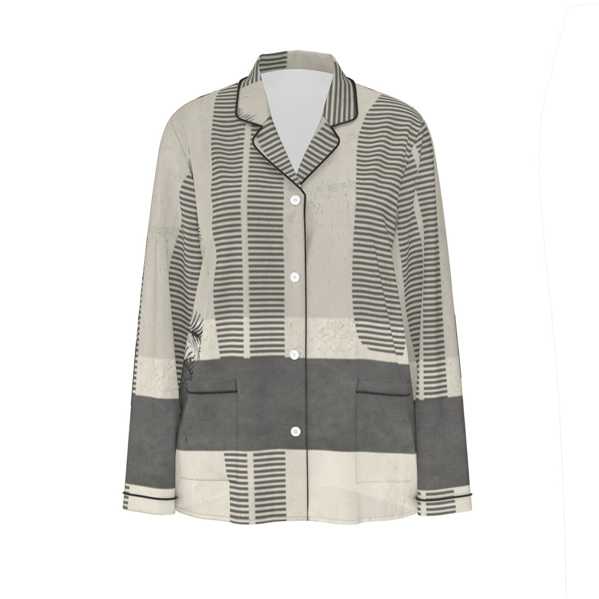 All-Over Print Women's Long Sleeve Pajama Set With Black Contrast Piping