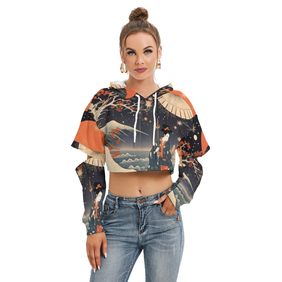 All-Over Print Women's Heavy Fleece Hoodie With Hollow Out Sleeve