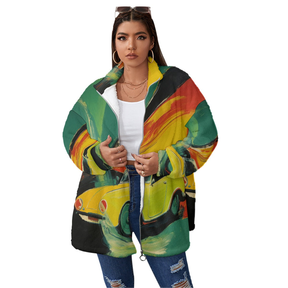 All-Over Print Unisex Borg Fleece Stand-up Collar Coat With Zipper Closure(Plus Size)