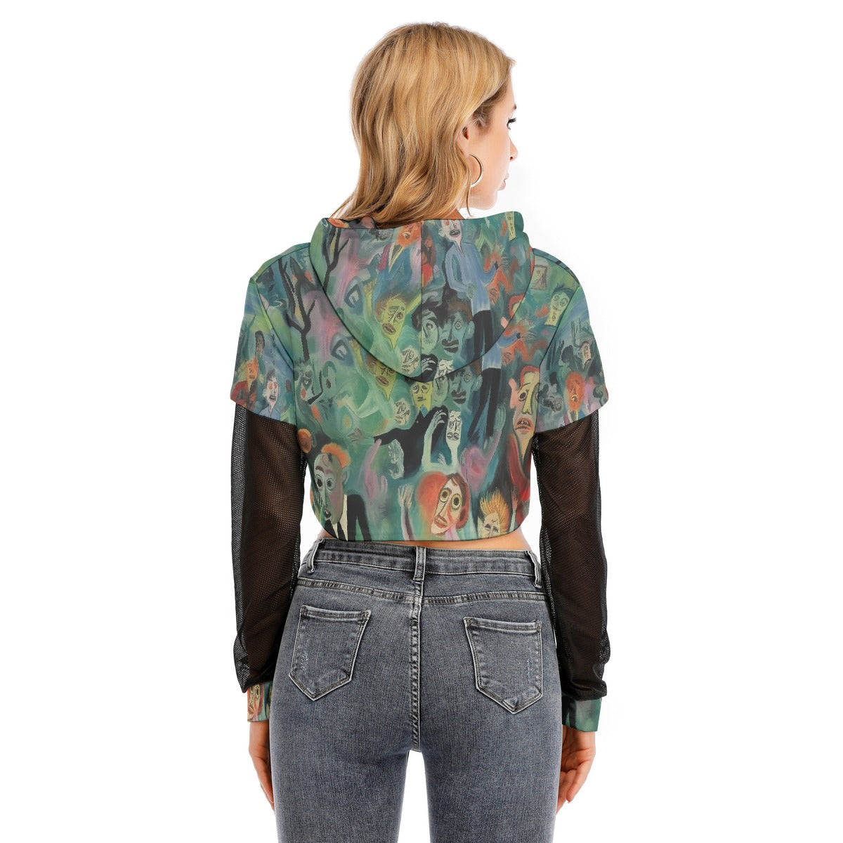 All-Over Print Women's Fake Two-piece Mesh Sleeve Cropped Hoodie