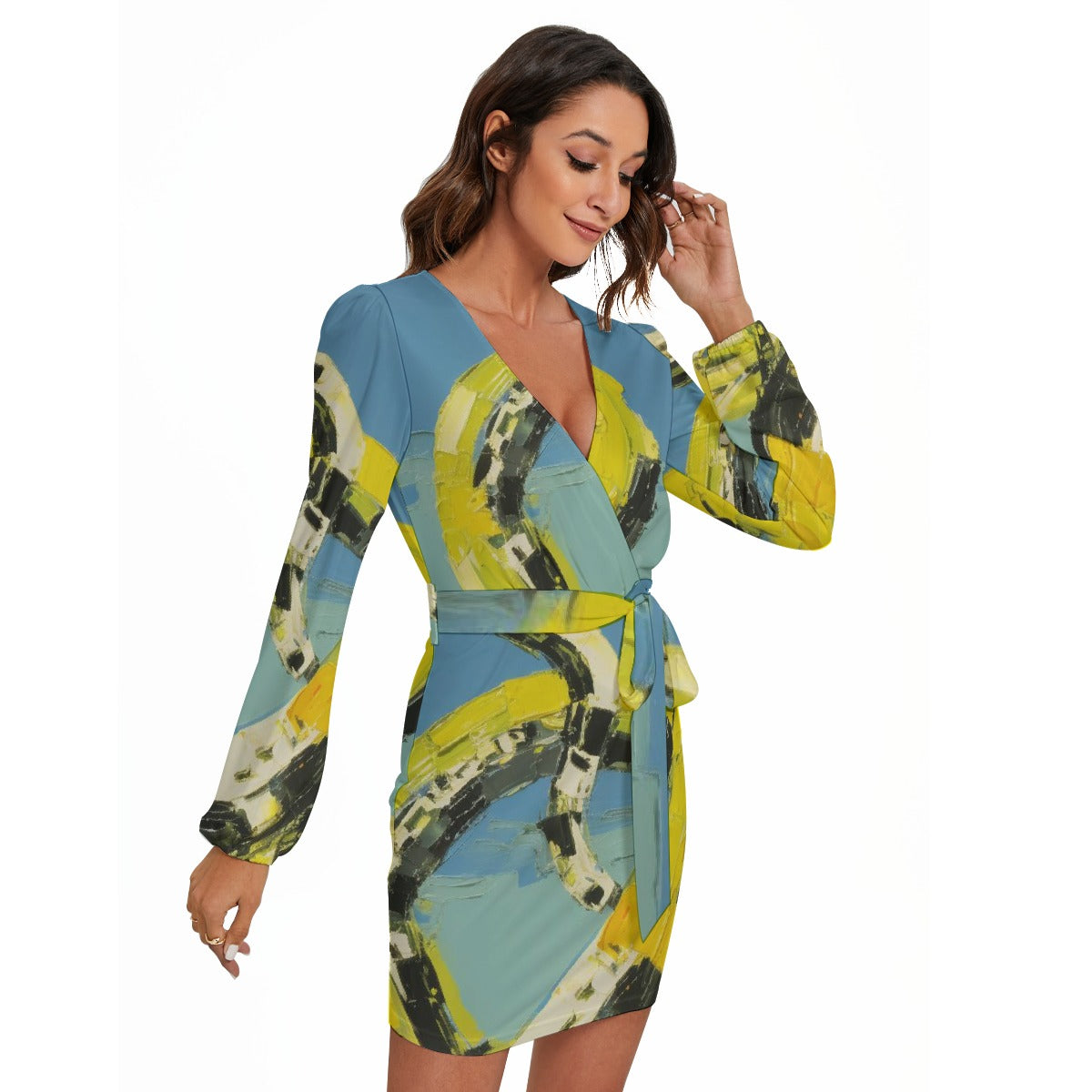 All-Over Print Women's Long Sleeve Dress With Waist Belt