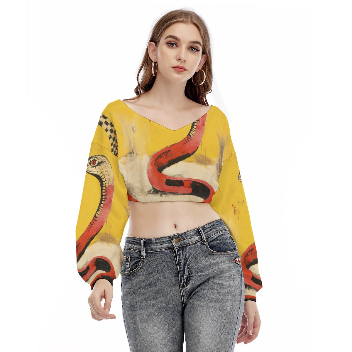 All-Over Print Women's V-neck Long Sleeve Cropped Sweatshirt