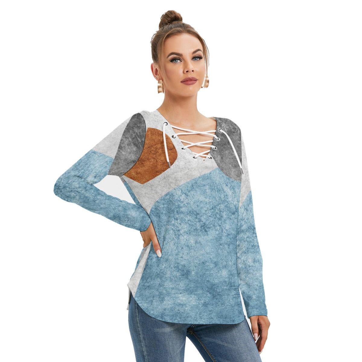 All-Over Print Women's Long Sleeve Neckline Tie Sweatshirt