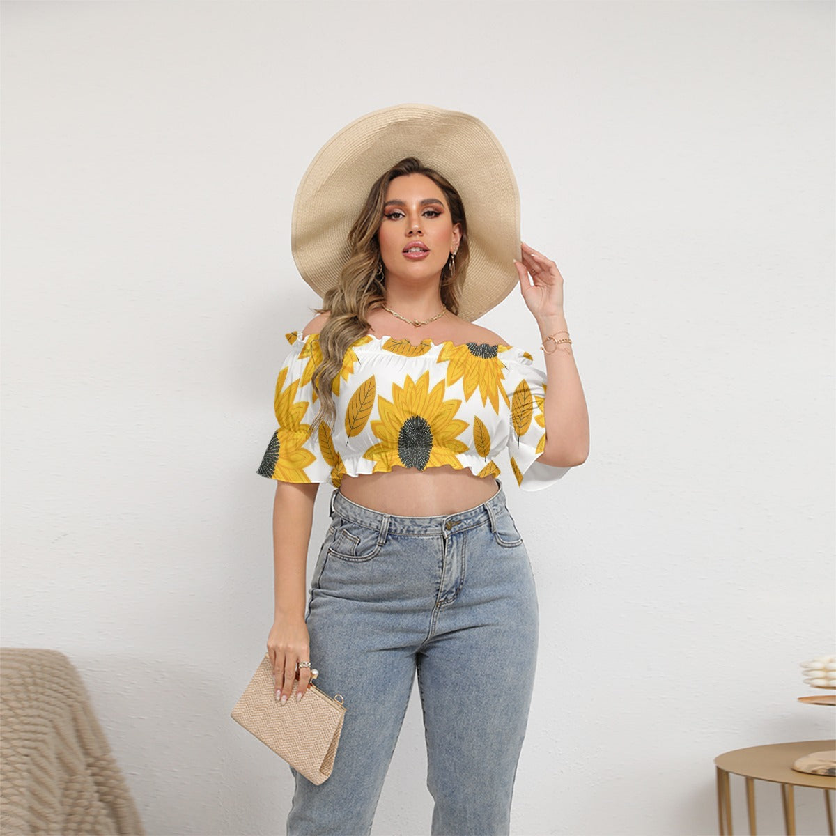 All-Over Print Women's Off-shoulder Cropped Top With Short Puff Sleeve