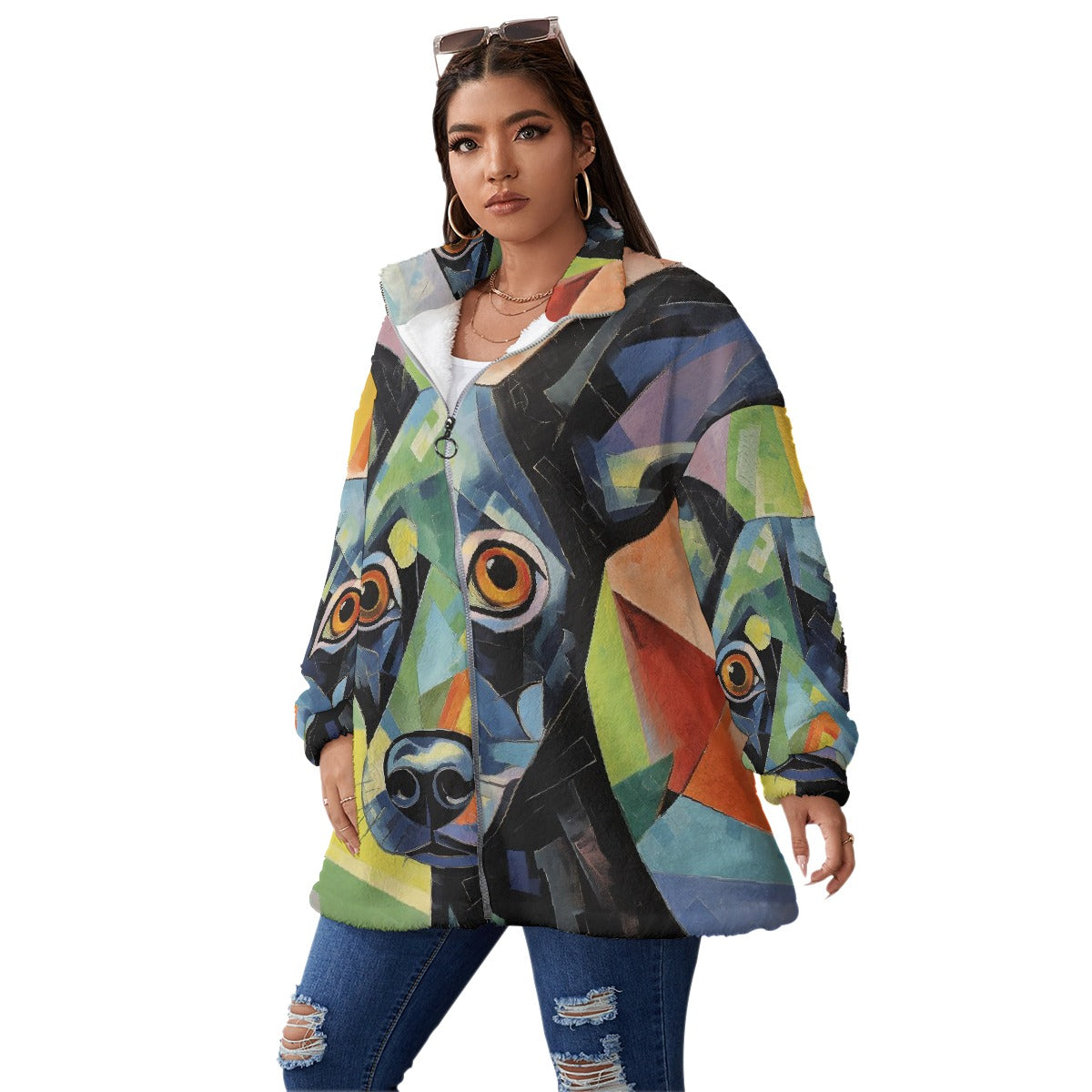 All-Over Print Unisex Borg Fleece Stand-up Collar Coat With Zipper Closure(Plus Size)