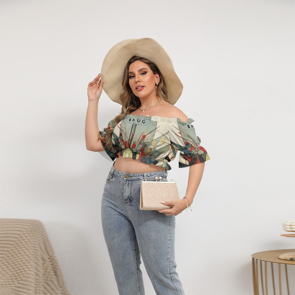 All-Over Print Women's Off-shoulder Cropped Top With Short Puff Sleeve