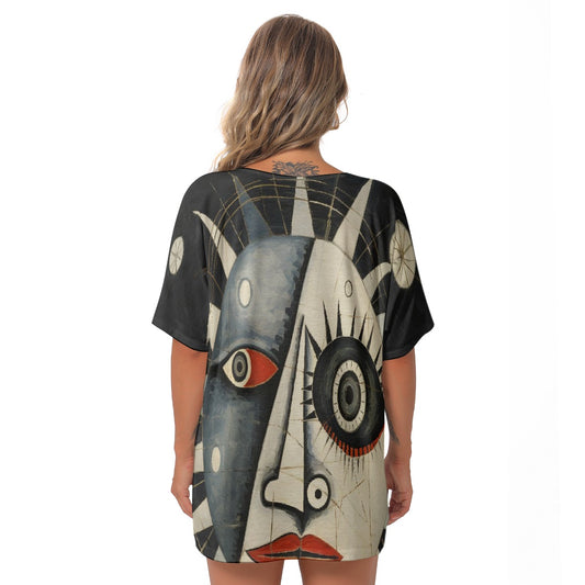 All-Over Print Women's Bat Sleeves V-Neck Blouse