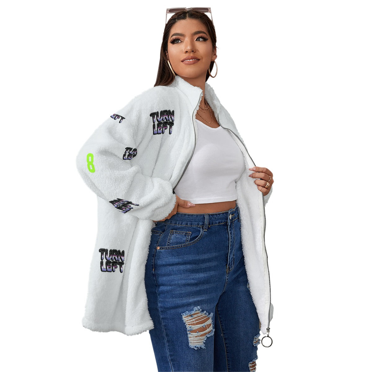 All-Over Print Unisex Borg Fleece Stand-up Collar Coat With Zipper Closure(Plus Size)