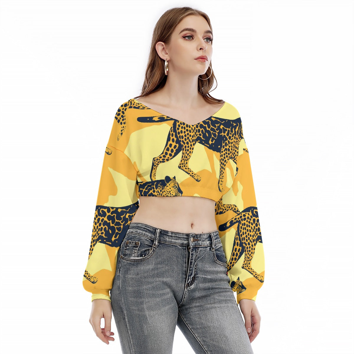 All-Over Print Women's V-neck Long Sleeve Cropped Sweatshirt