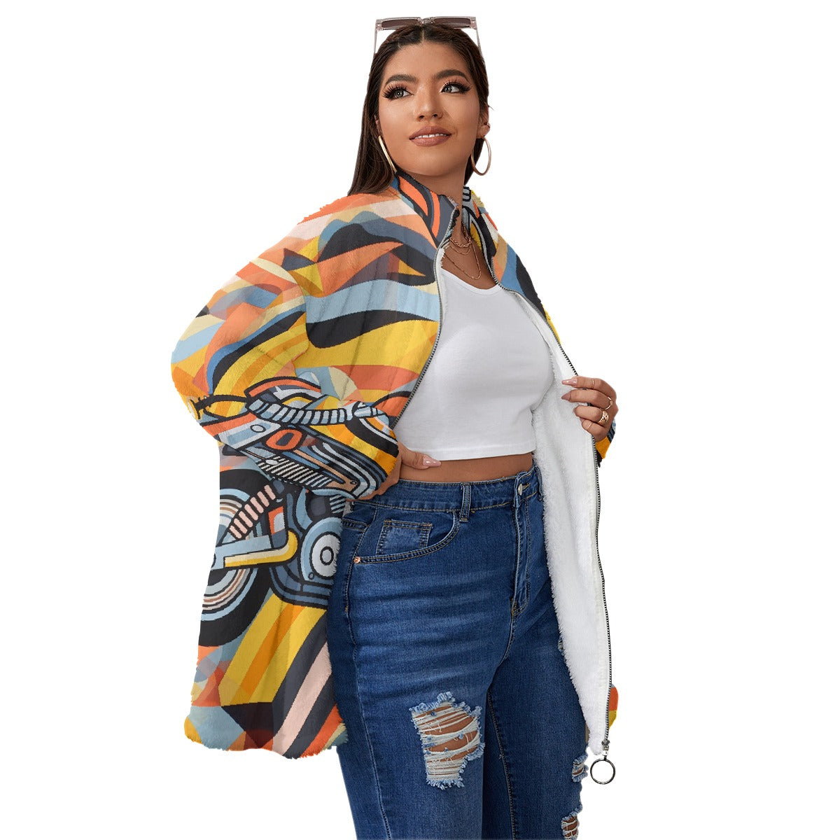 All-Over Print Unisex Borg Fleece Stand-up Collar Coat With Zipper Closure(Plus Size)