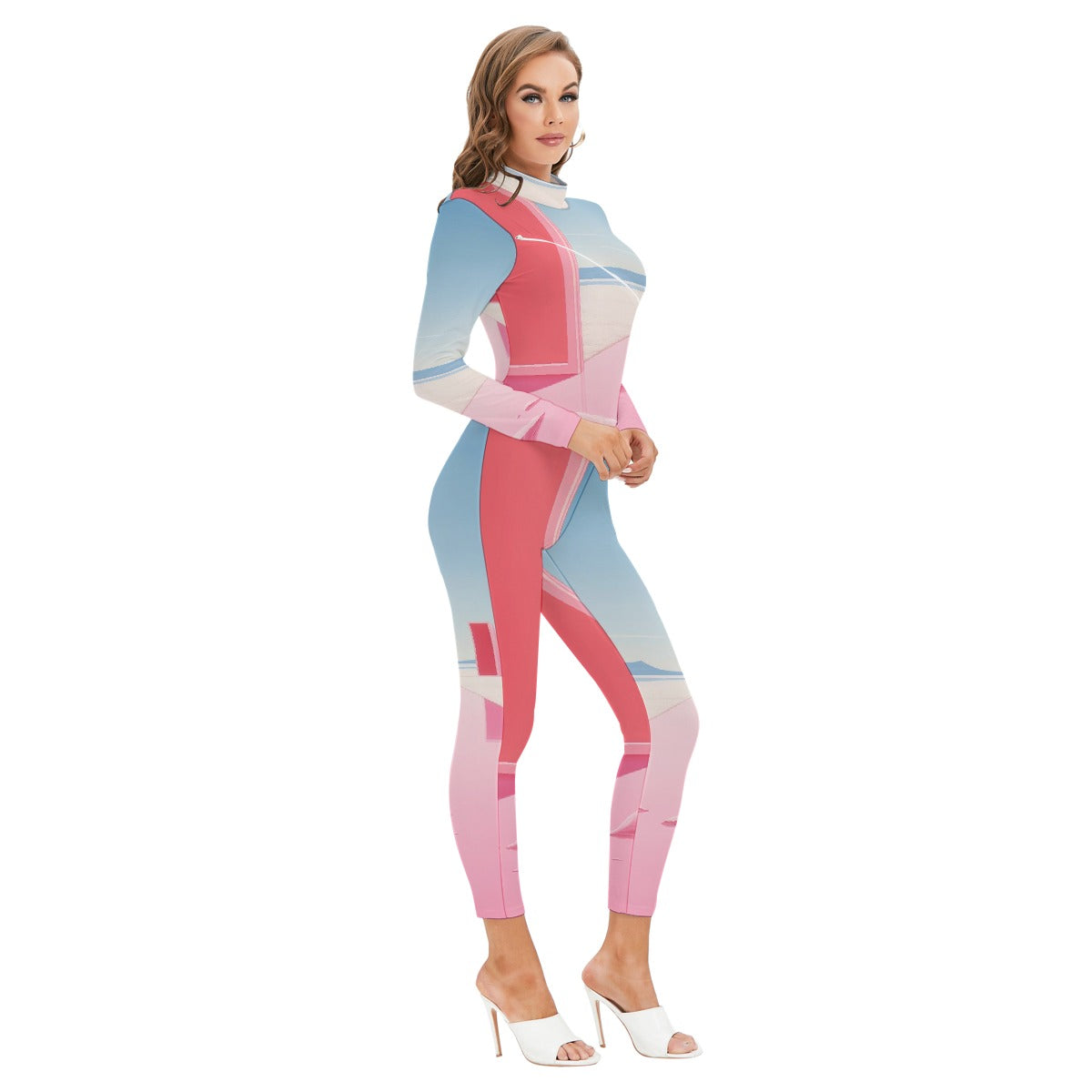 All-Over Print Women's Long-sleeved High-neck Jumpsuit With Zipper