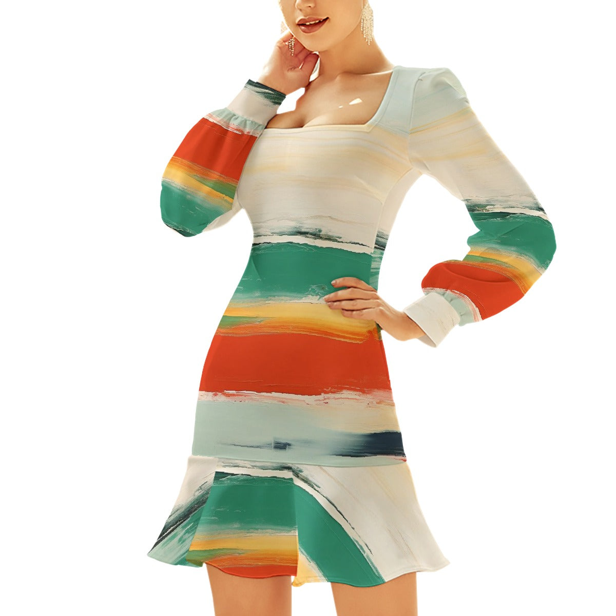 All-Over Print Women's Ruffle Hem Skinny Dress