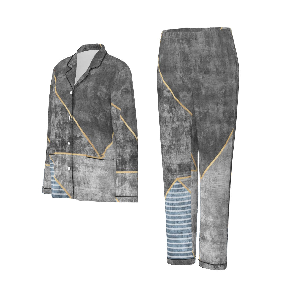 All-Over Print Women's Long Sleeve Pajama Set With Black Contrast Piping