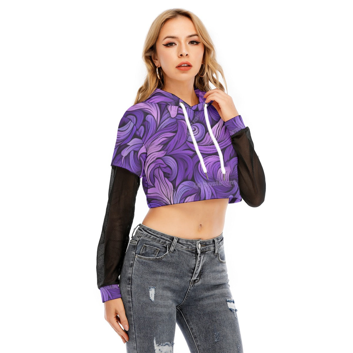 All-Over Print Women's Fake Two-piece Mesh Sleeve Cropped Hoodie