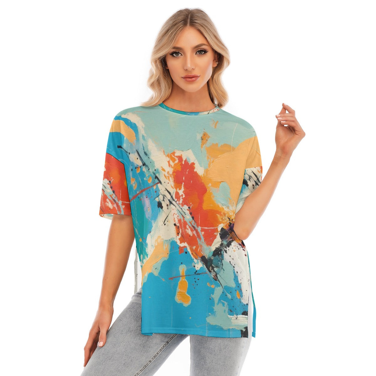 All-Over Print Women's Short Sleeves T-shirt With Hem Split