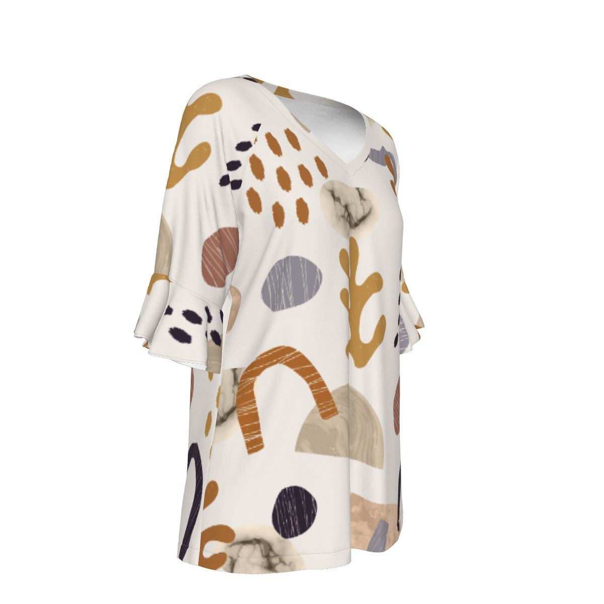 All-Over Print V-neck Women's T-shirt With Bell Sleeve