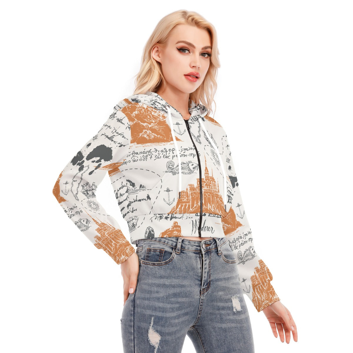All-Over Print Women's Crop Top Hoodie With Zipper Closure