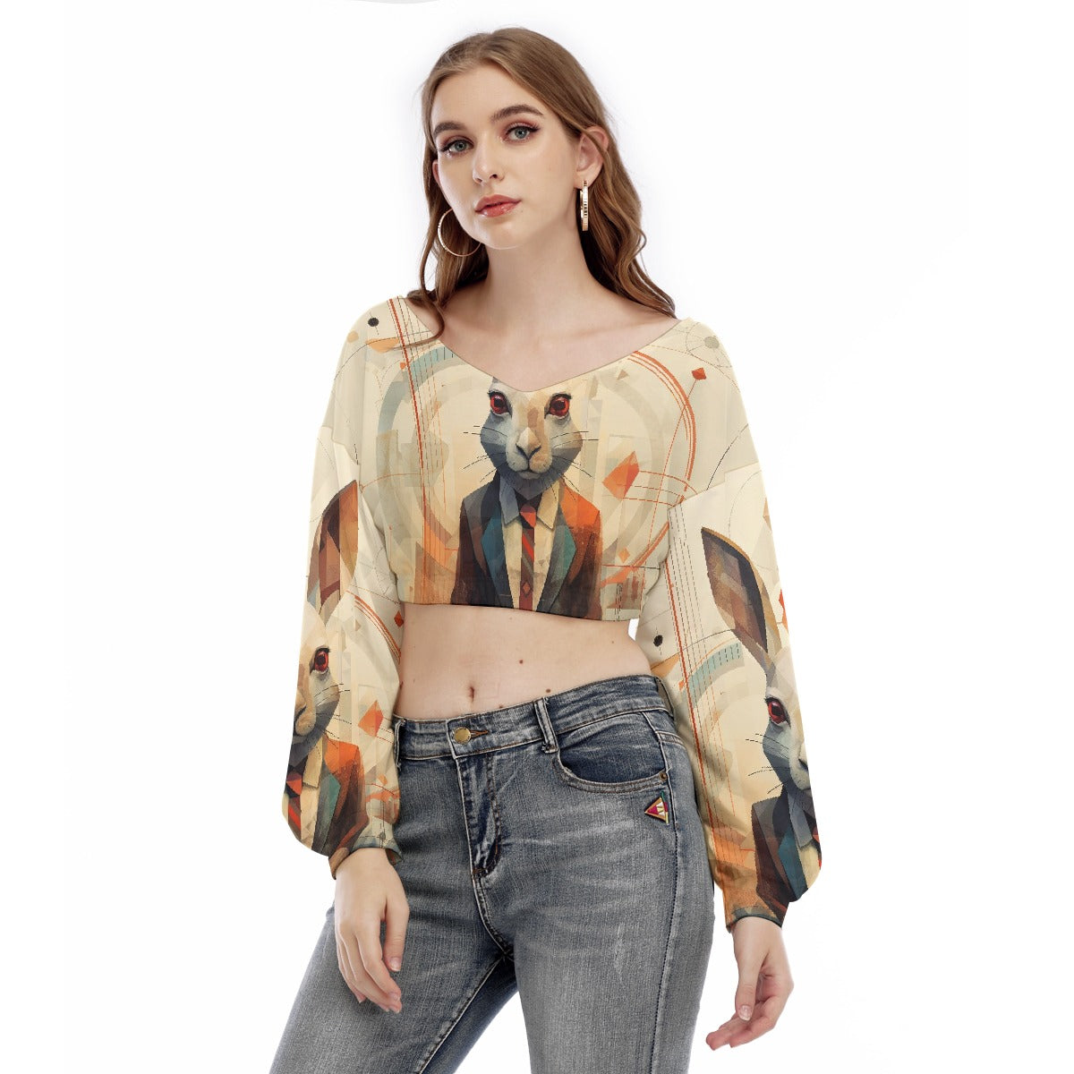 All-Over Print Women's V-neck Long Sleeve Cropped Sweatshirt