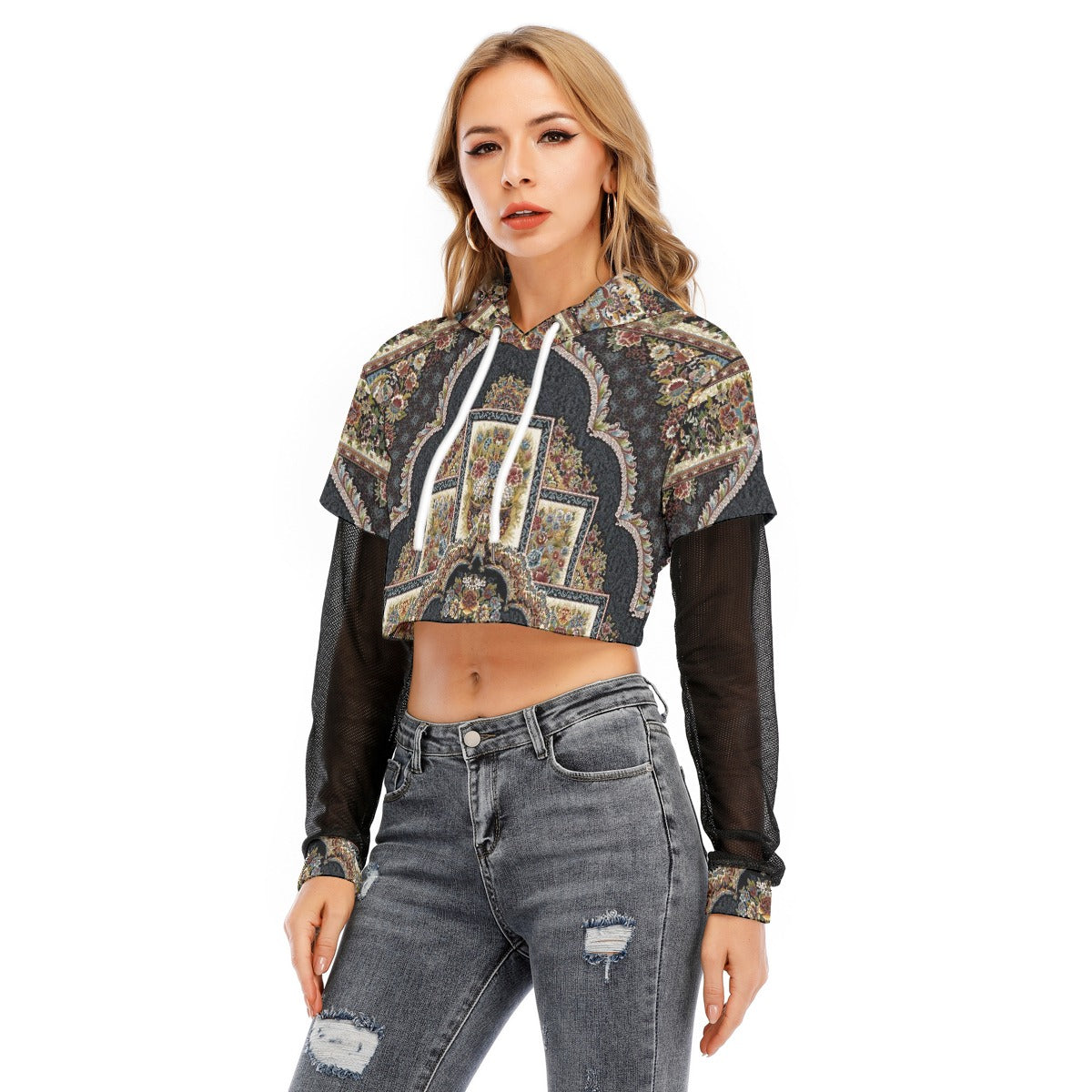 All-Over Print Women's Fake Two-piece Mesh Sleeve Cropped Hoodie