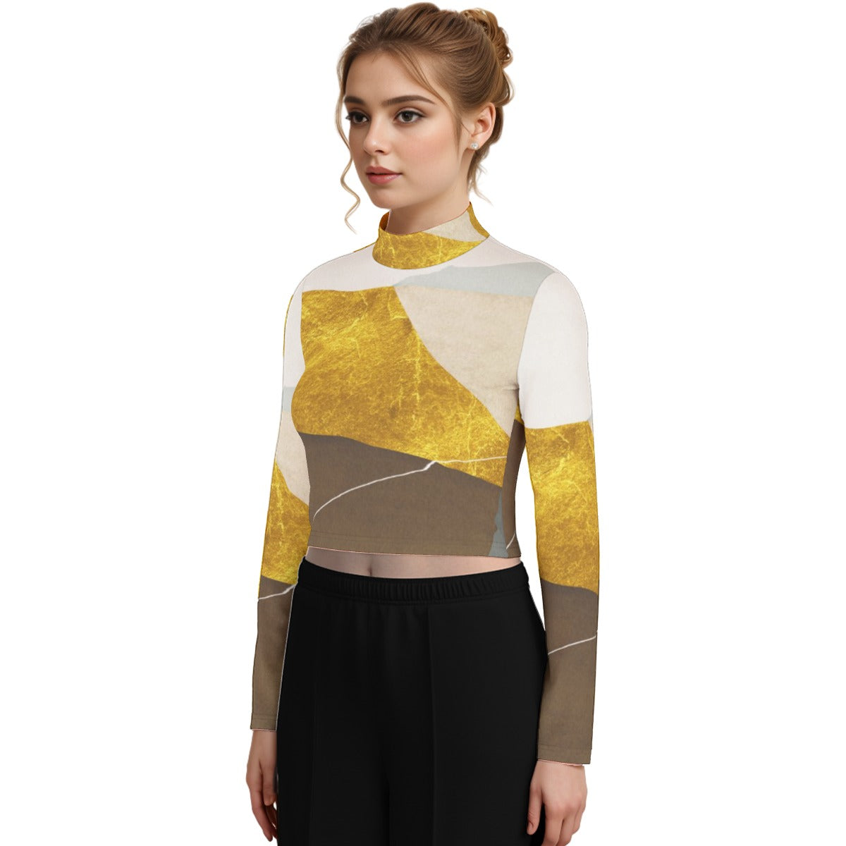 Eco-Friendly All-Over Print Women's Turtleneck T-shirt With Long Sleeve