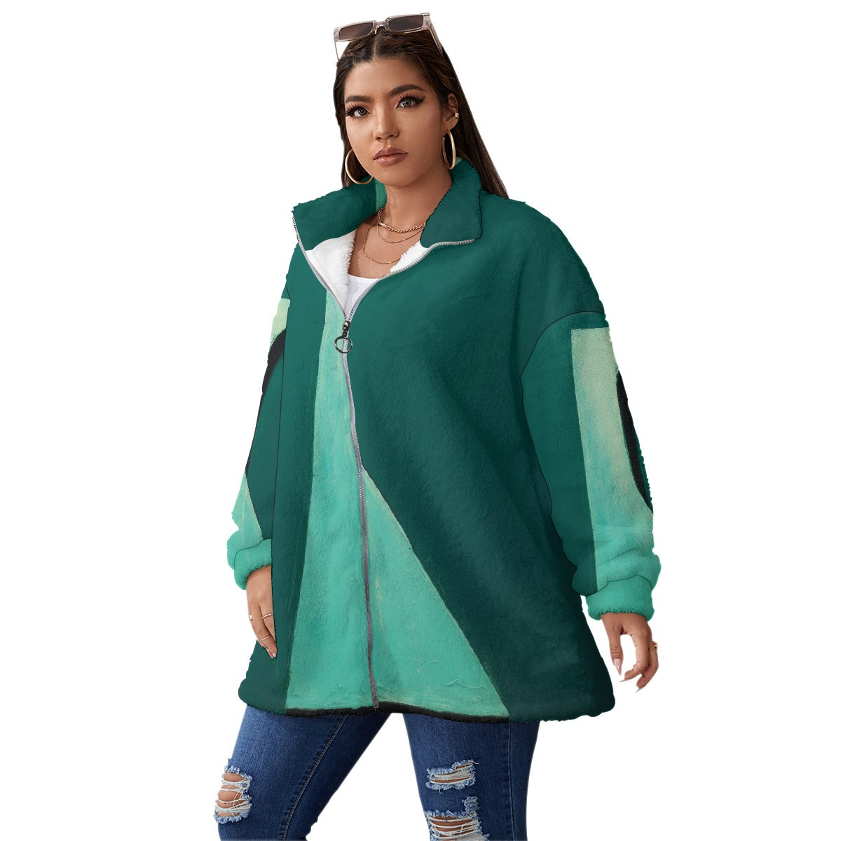 All-Over Print Unisex Borg Fleece Stand-up Collar Coat With Zipper Closure(Plus Size)