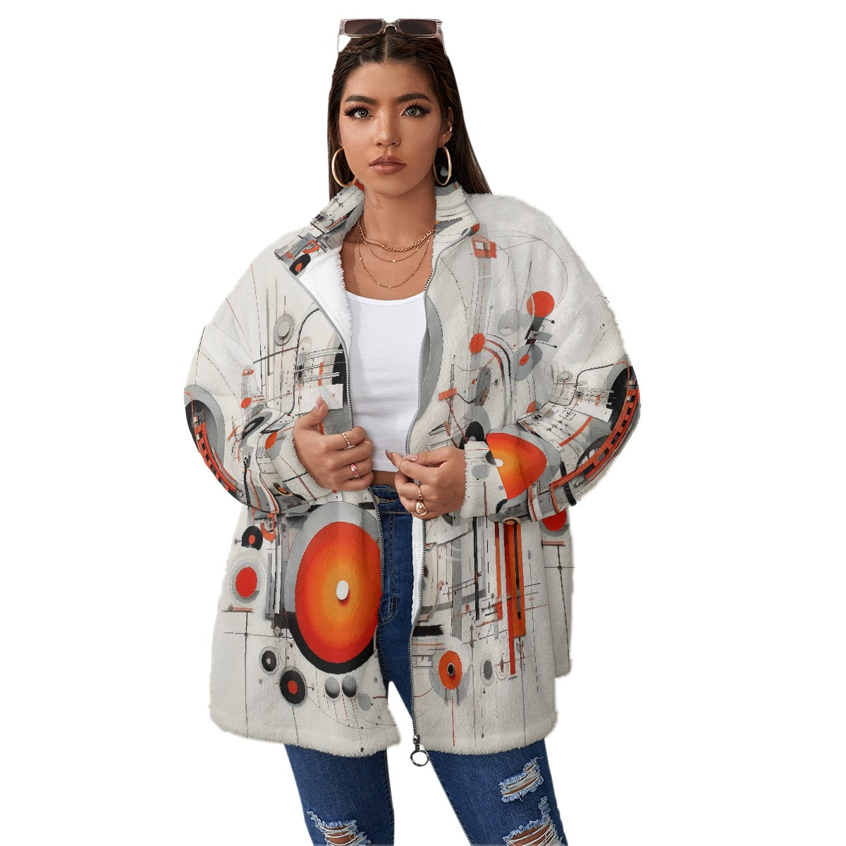 All-Over Print Unisex Borg Fleece Stand-up Collar Coat With Zipper Closure(Plus Size)