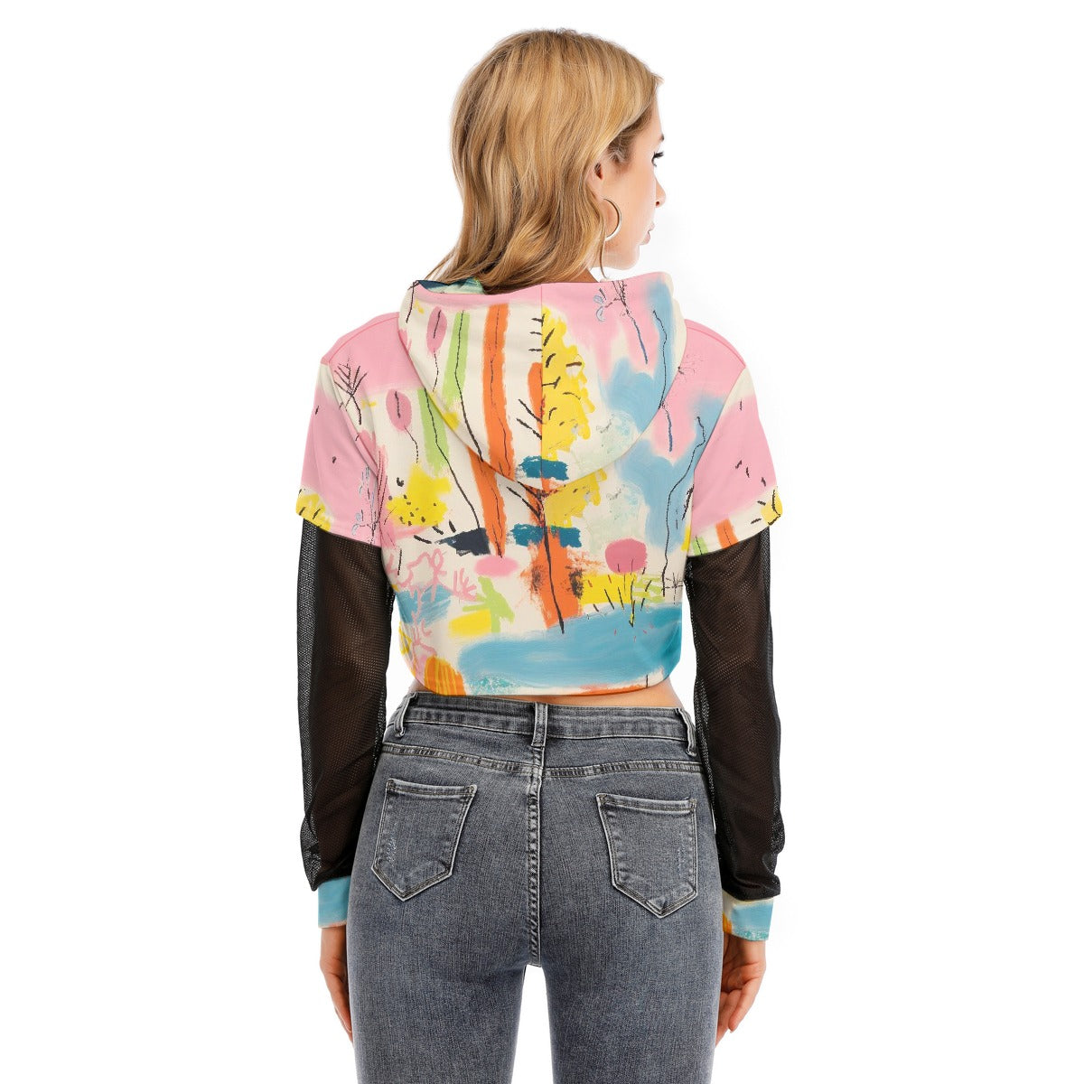 All-Over Print Women's Fake Two-piece Mesh Sleeve Cropped Hoodie