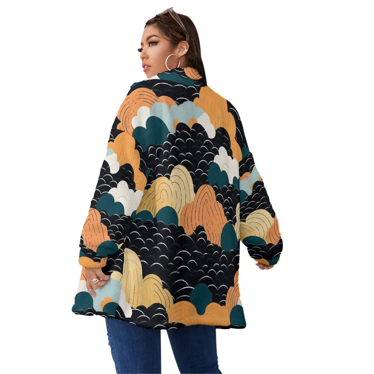 All-Over Print Unisex Borg Fleece Stand-up Collar Coat With Zipper Closure(Plus Size)