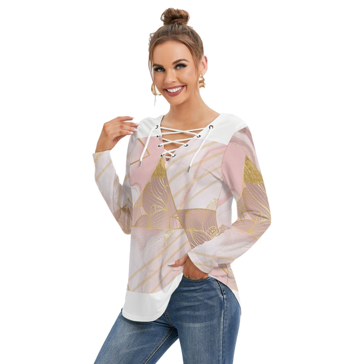 All-Over Print Women's Long Sleeve Neckline Tie Sweatshirt