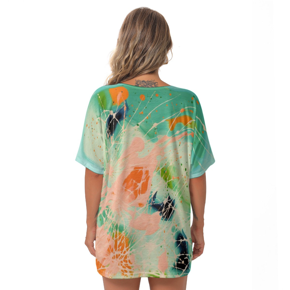 All-Over Print Women's Bat Sleeves V-Neck Blouse