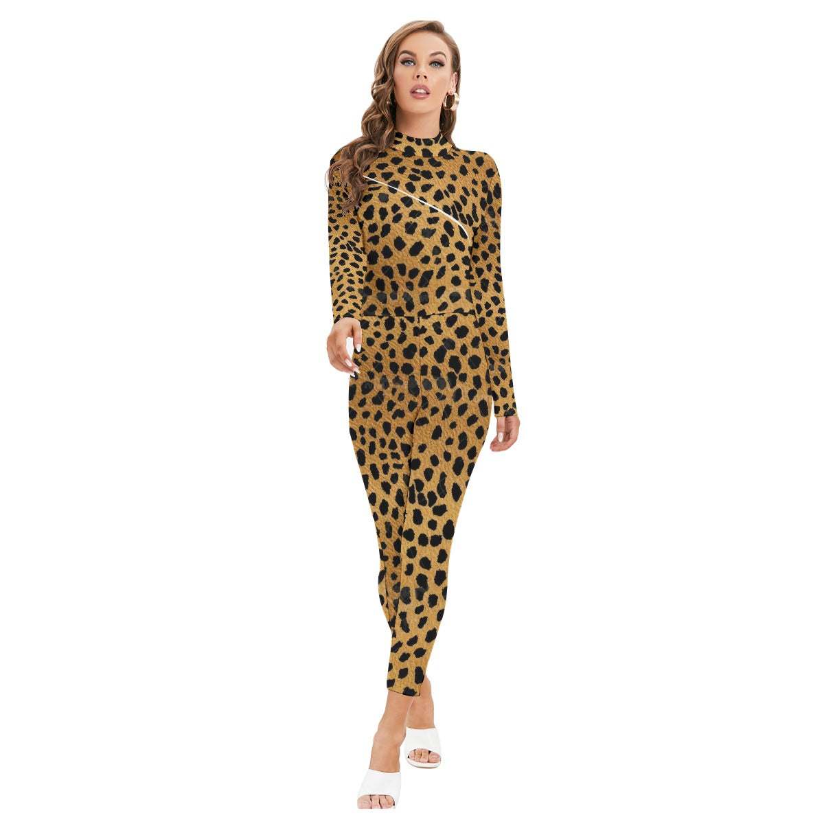 All-Over Print Women's Long-sleeved High-neck Jumpsuit With Zipper