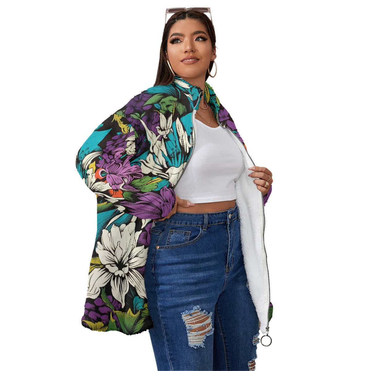 All-Over Print Unisex Borg Fleece Stand-up Collar Coat With Zipper Closure(Plus Size)