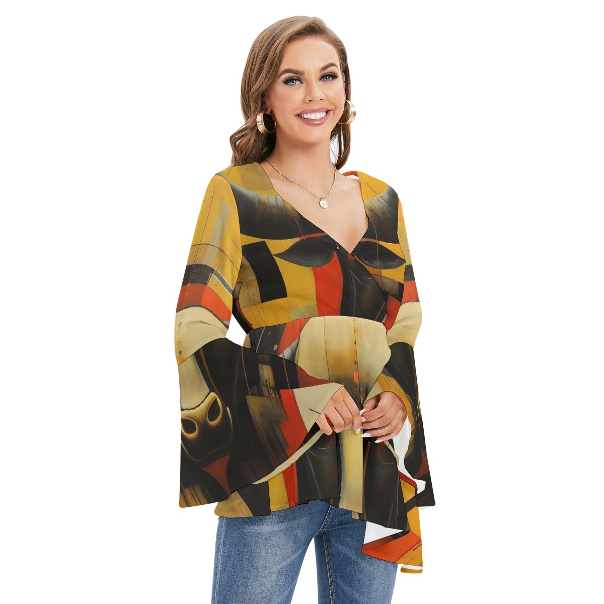 All-Over Print Women's V-neck Blouse With Flared Sleeves