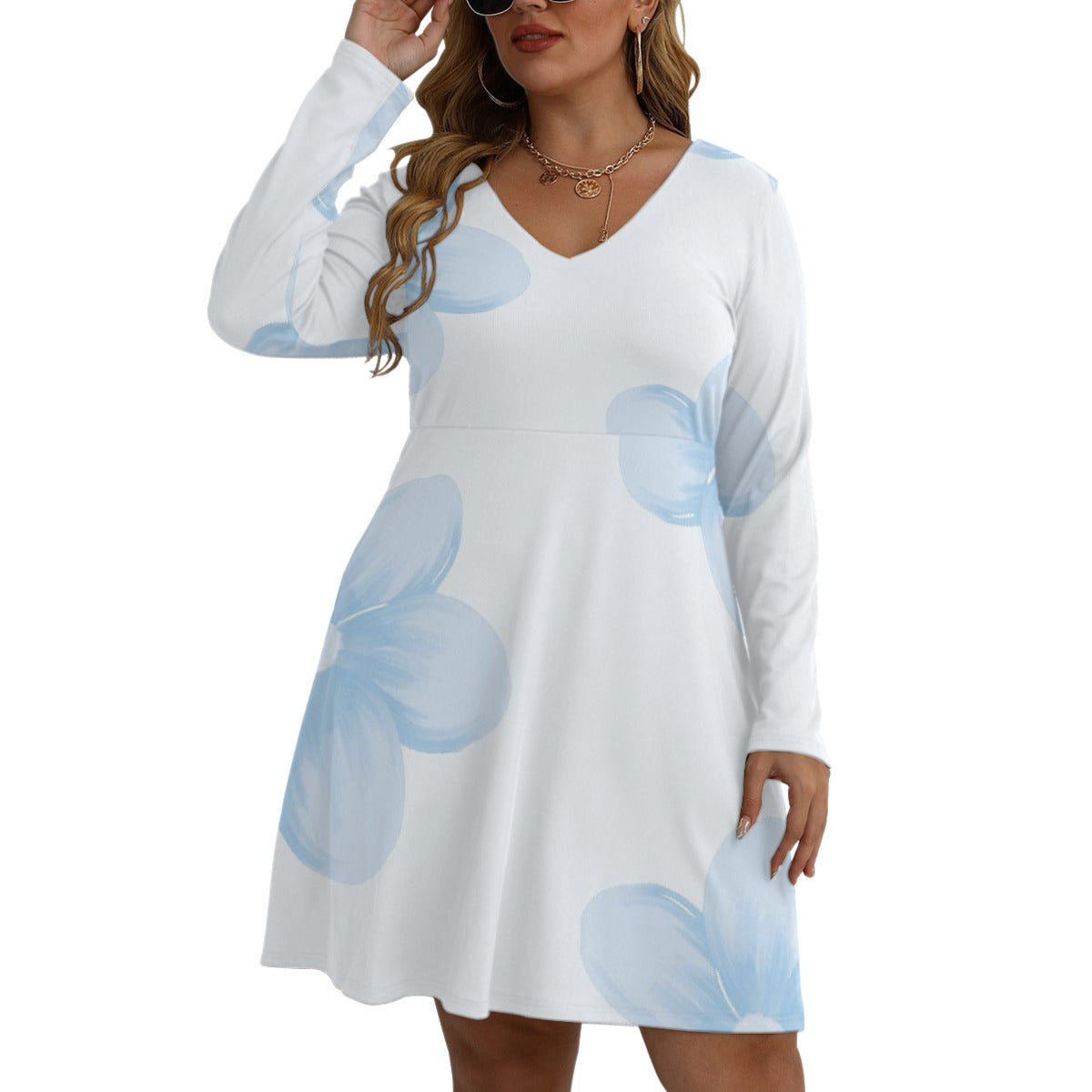 All-Over Print Women's V-neck Long Sleeve Dress(Plus Size)