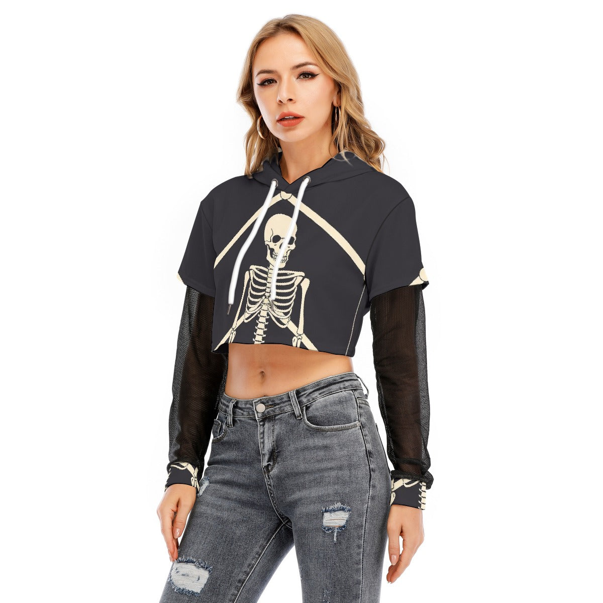 All-Over Print Women's Fake Two-piece Mesh Sleeve Cropped Hoodie