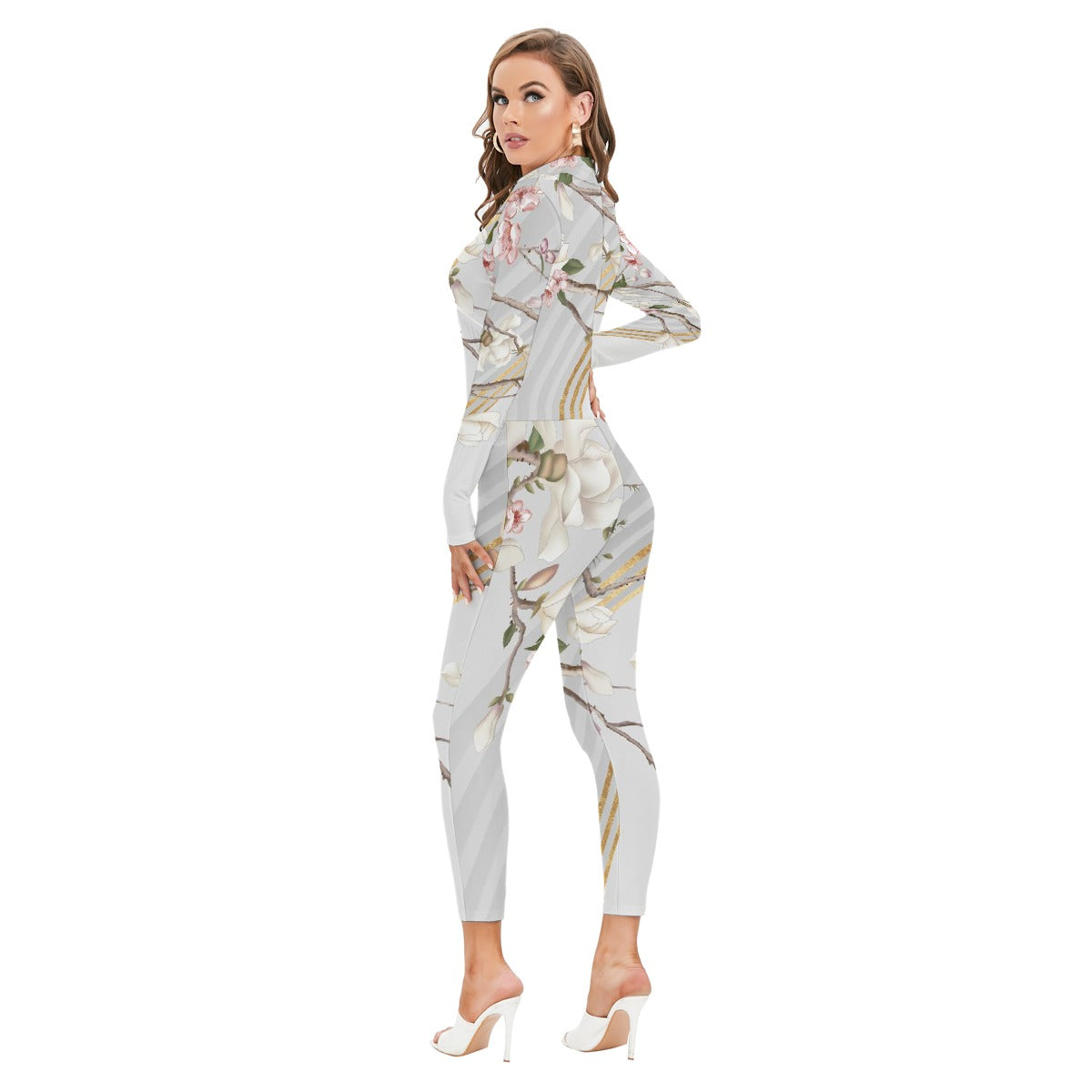 All-Over Print Women's Long-sleeved High-neck Jumpsuit With Zipper
