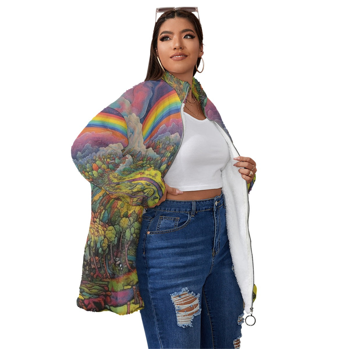 All-Over Print Unisex Borg Fleece Stand-up Collar Coat With Zipper Closure(Plus Size)