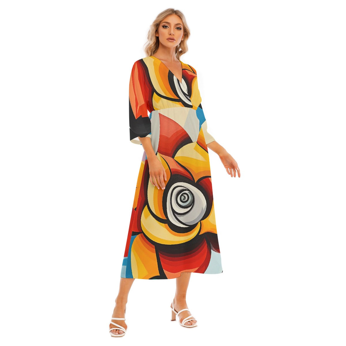 All-Over Print Women's Mid-Sleeve Long Dress