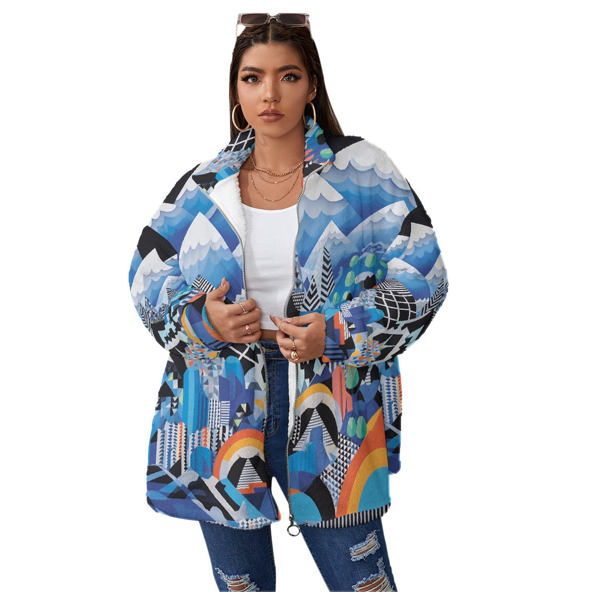All-Over Print Unisex Borg Fleece Stand-up Collar Coat With Zipper Closure(Plus Size)