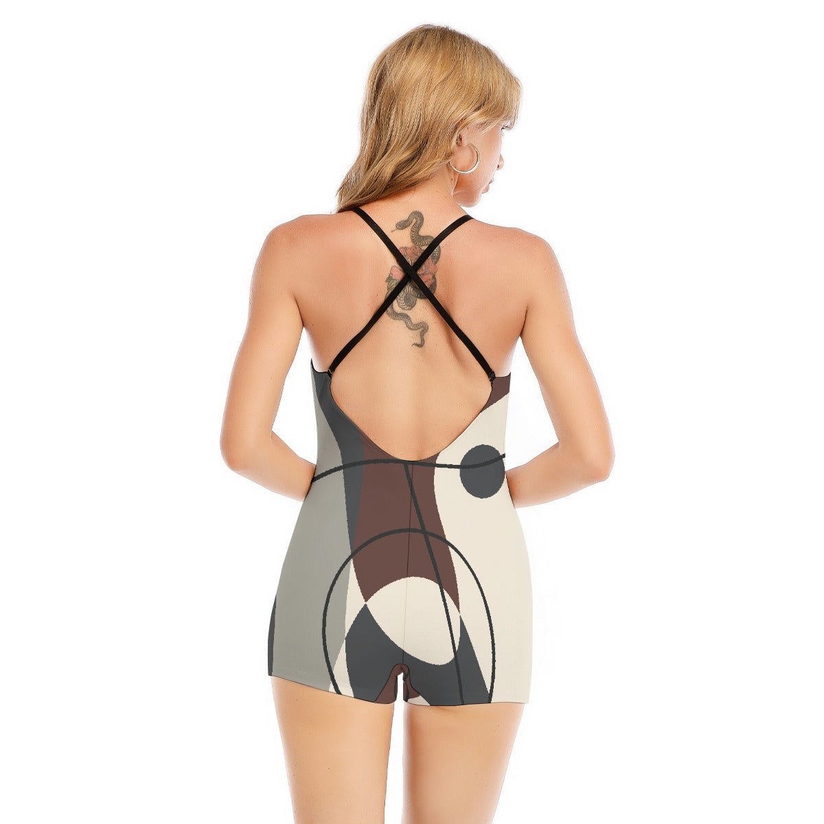 All-Over Print Women's Backless Romper With Black Straps