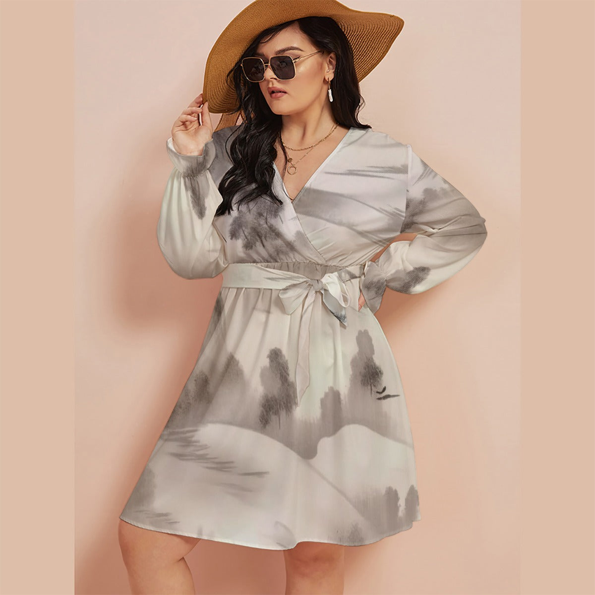 All-Over Print Women's V-neck Dress With Waistband(Plus Size)